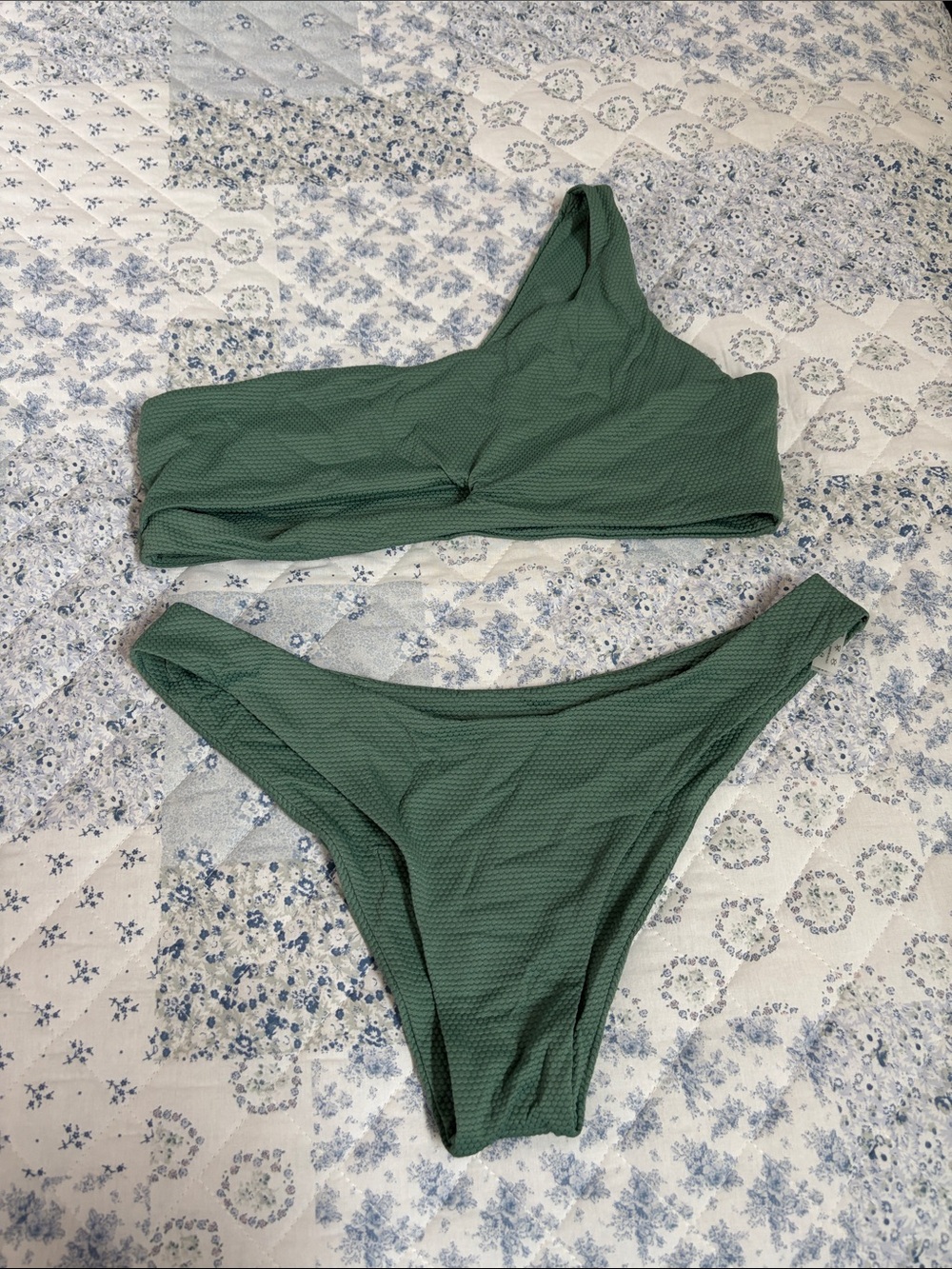 One-Shoulder Olive Green Textured Bikini Set - Women Swim